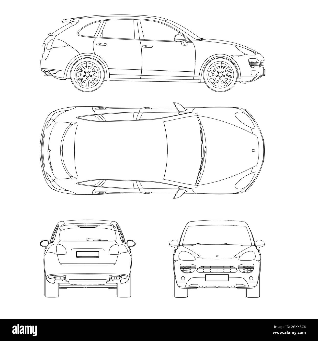 Set with the contours of a passenger car from black lines Isolated on