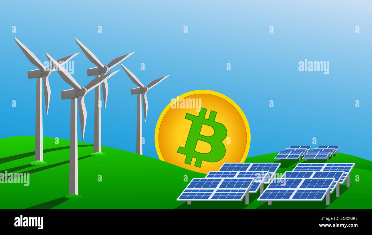 Bitcoin mining concept using green energy to protect environment