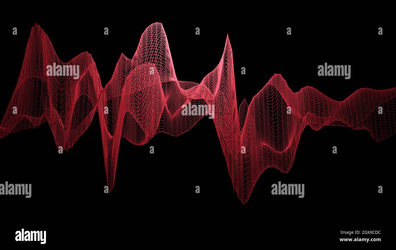 Red 3D wireframe wave structure, abstract visualization of audio sound waves against black background, format 16:9 4K UHD Stock Photo