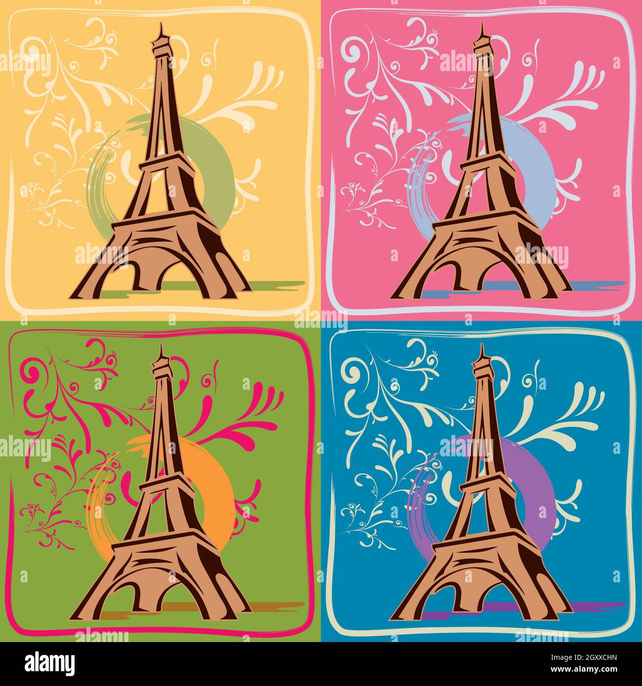 Illustration Drawing of the Eiffel Tower in Paris with Foliage and Frame on a Yellow Background, 4 Hand Drawn Designs, Pop Art Style Stock Vector