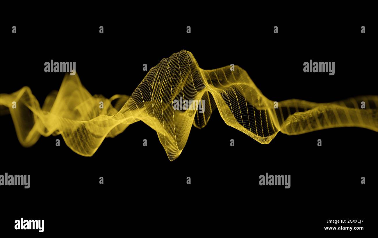 Yellow 3D wireframe wave structure, abstract visualization of audio sound waves against black background, format 16:9 4K UHD Stock Photo