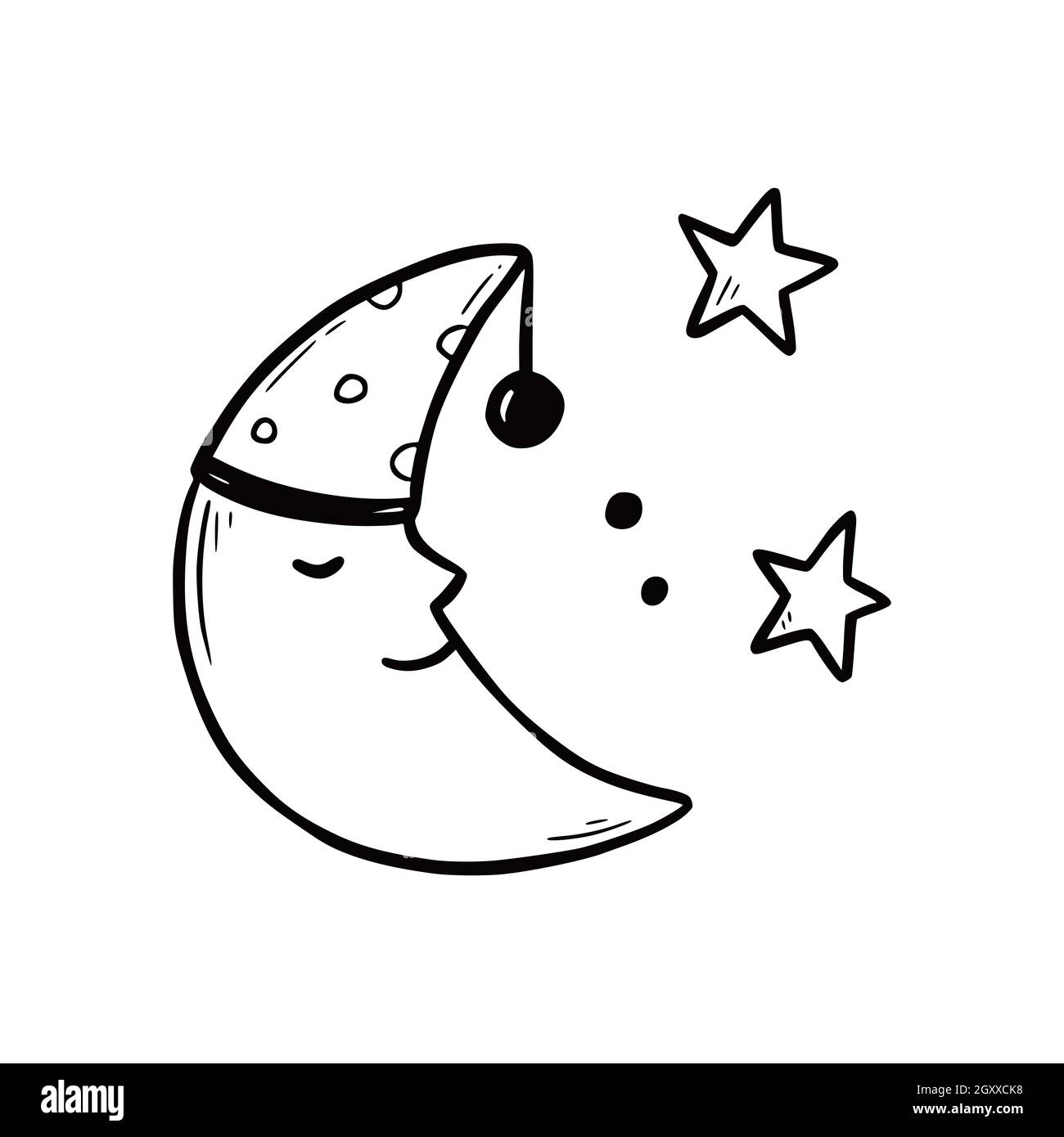 Hand drawn cute sleep moon with smile face. Doodle sketch style ...