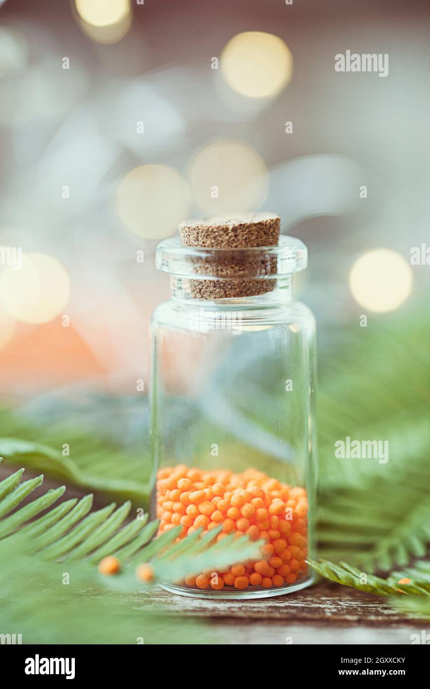 Glass jar filled with orange sprinkles next to a fir tree branch Stock Photo