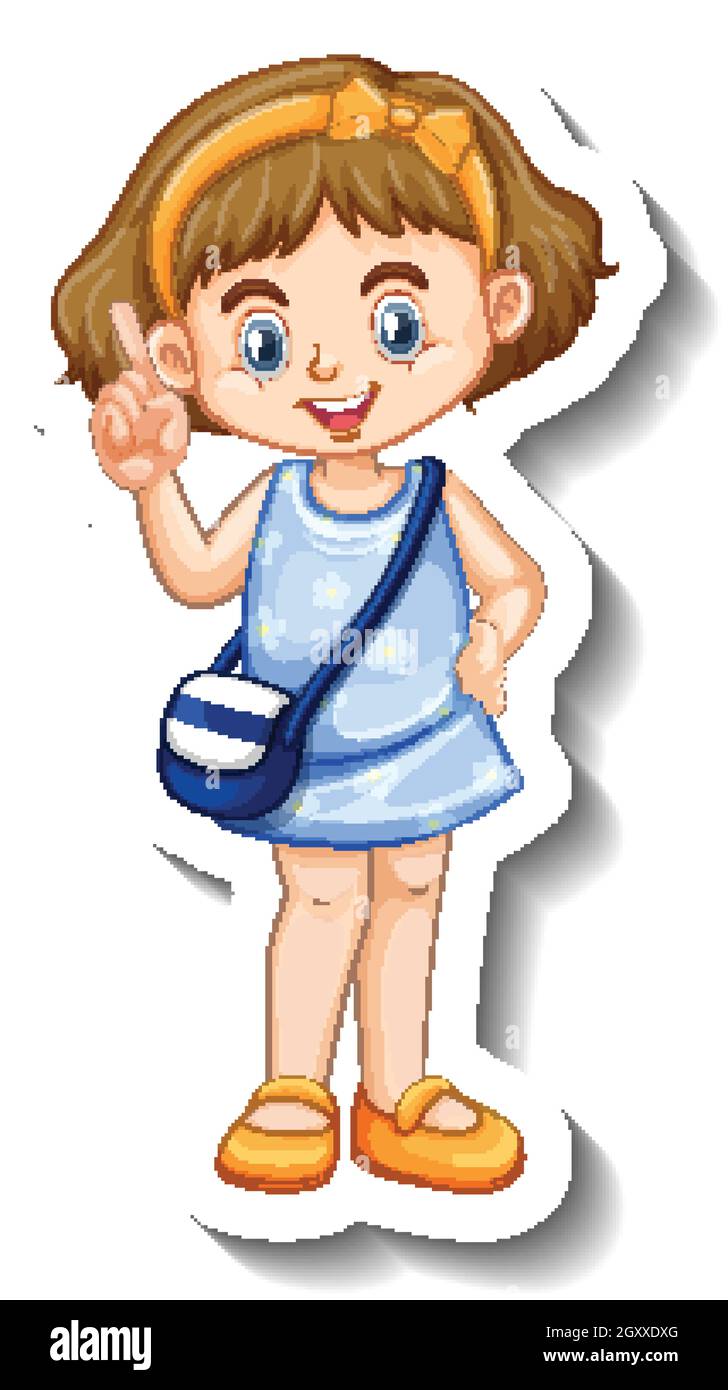 Little girl in blue dress cartoon character sticker illustration Stock ...