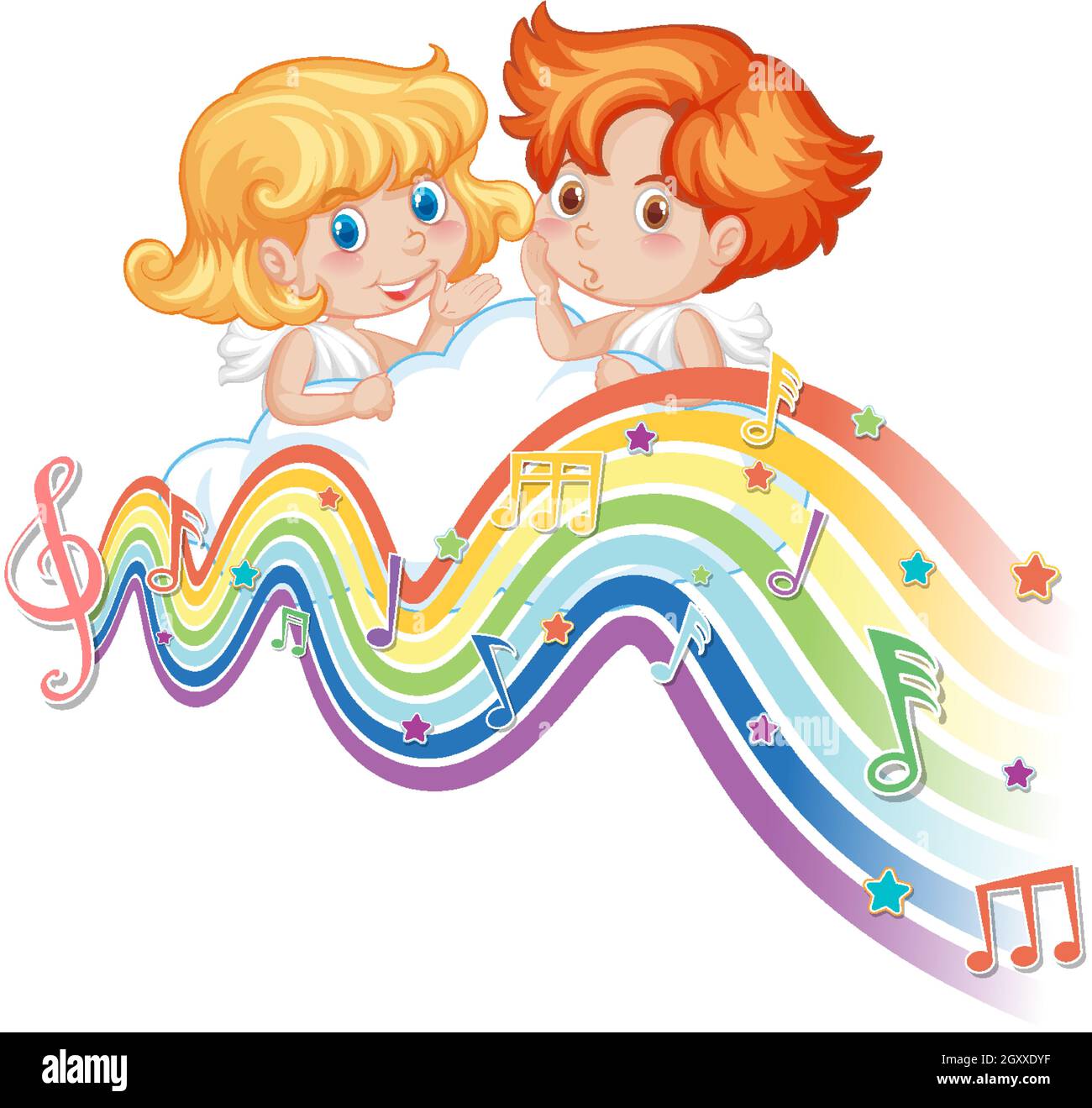 Cupid couple with melody symbols on rainbow wave illustration Stock ...