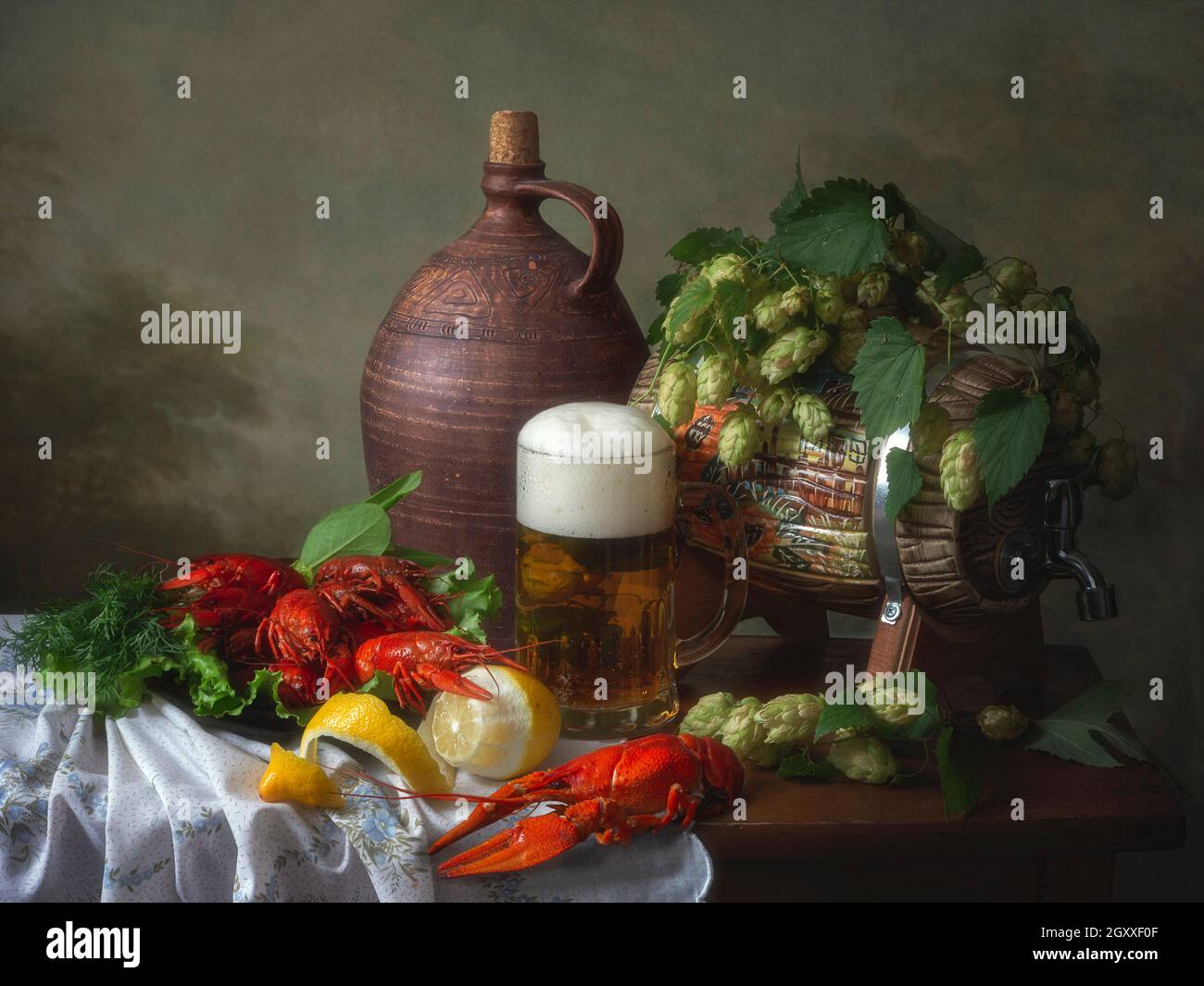 Still life with crayfish and beer Stock Photo