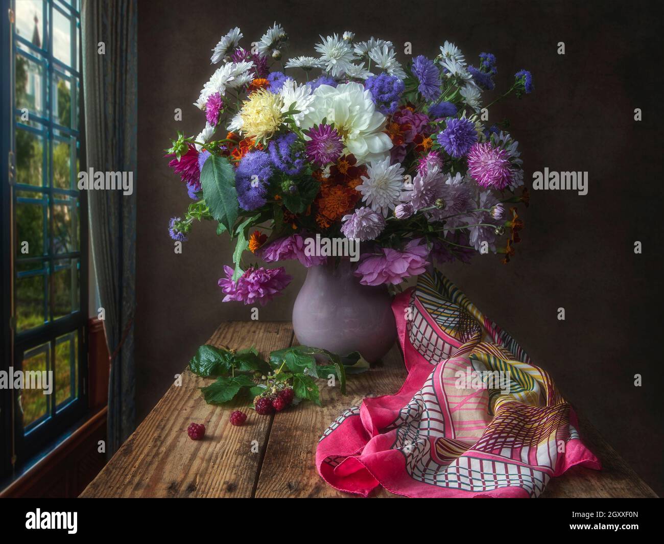 Still life with splendid bouquet of garden flowers Stock Photo - Alamy