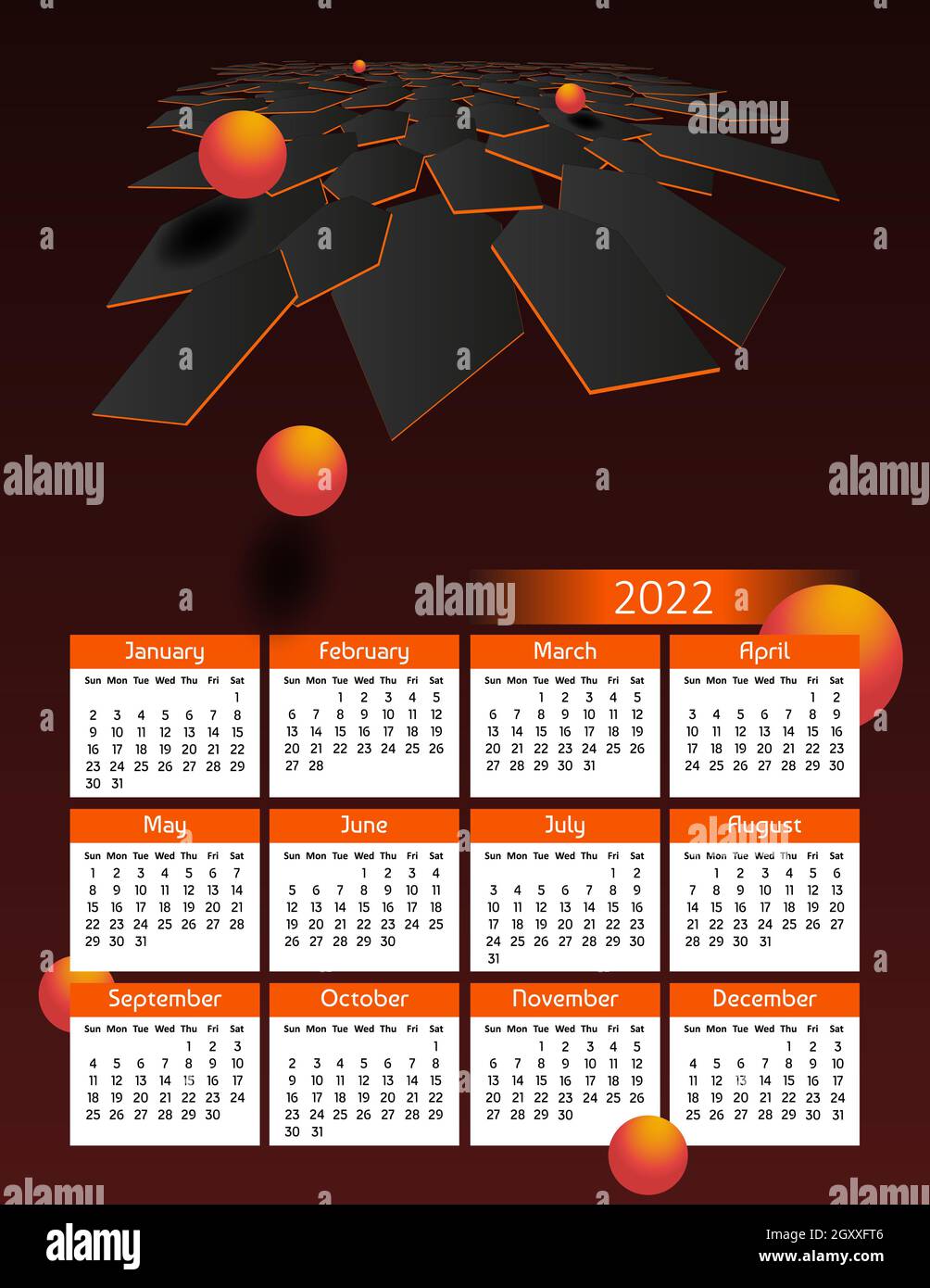 Vertical Futuristic Yearly Calendar 2022, Week Starts On Sunday. Annual Big  Wall Calendar Colorful Modern Polygonal Illustration In Orange. A4 Us Lett  Stock Photo - Alamy