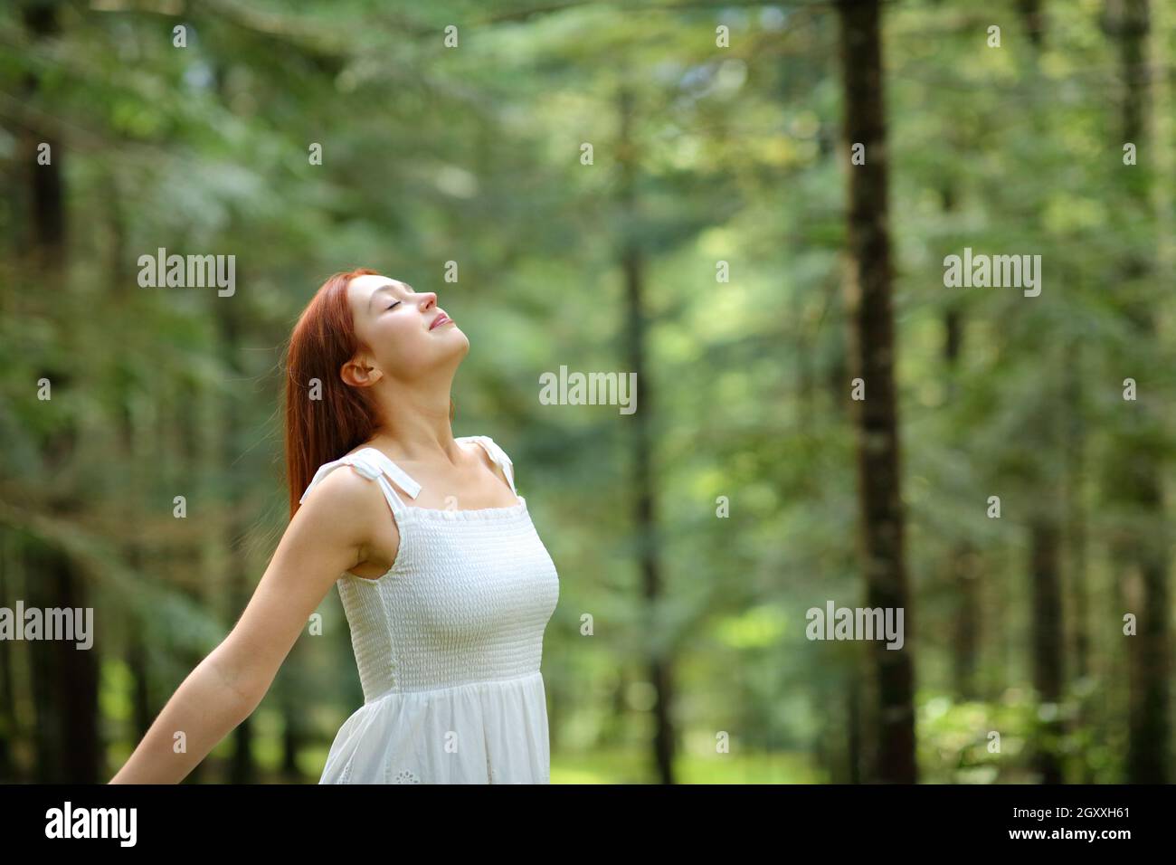 Relaxed woman in white dress breathing fresh air in a green forest in ...