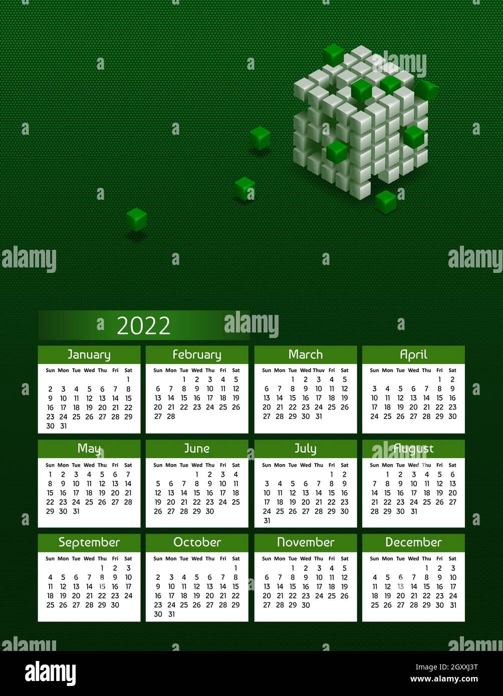 Vertical futuristic yearly calendar 2022 with blockchain cubes, week starts  on Sunday. Annual big wall calendar colorful modern illustration in green  Stock Vector Image & Art - Alamy