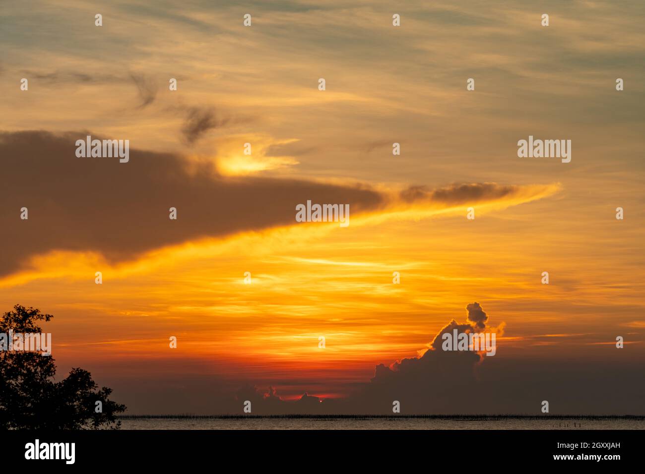 Beautiful sunset sky over the tropical sea. Golden sunset sky. Skyline ...