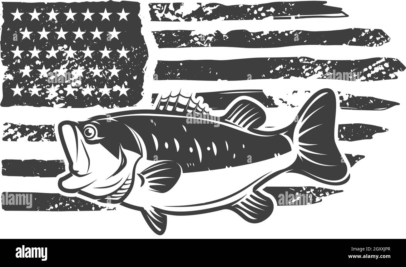 American flag with bass fish illustration. Design element for