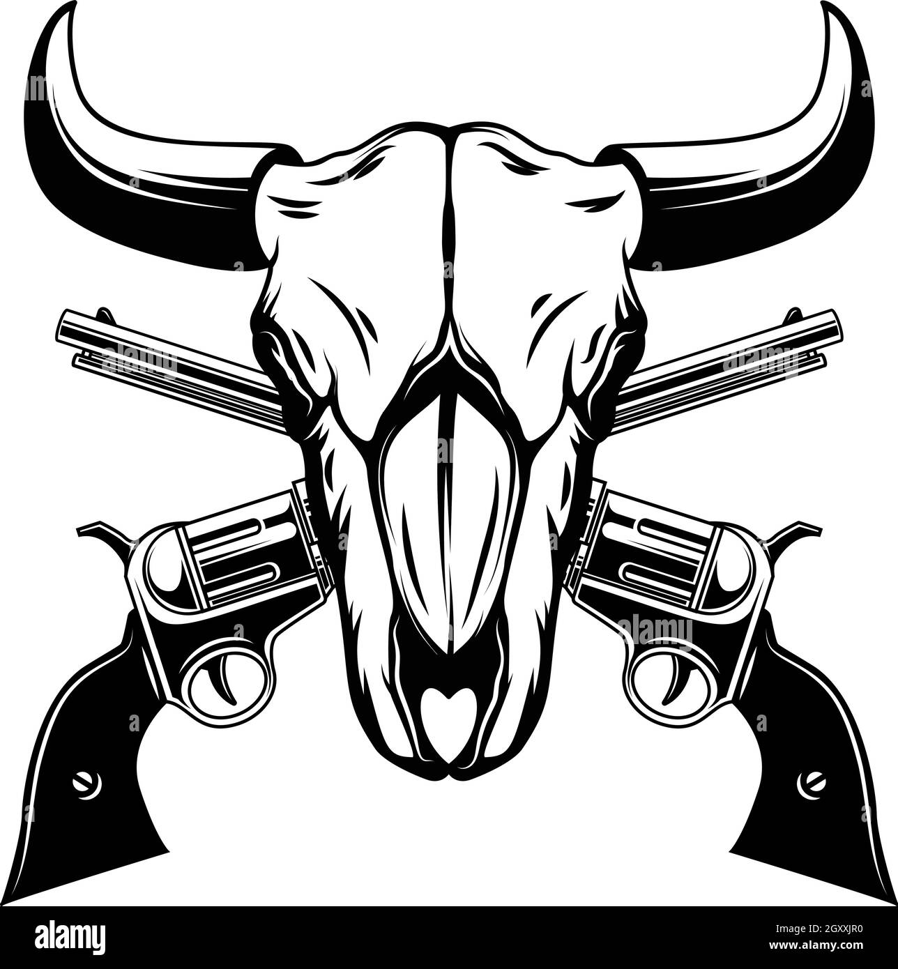 Illustration of buffalo skull and cowboy revolvers . Design element for logo, label, sign, emblem, poster. Vector illustration Stock Vector