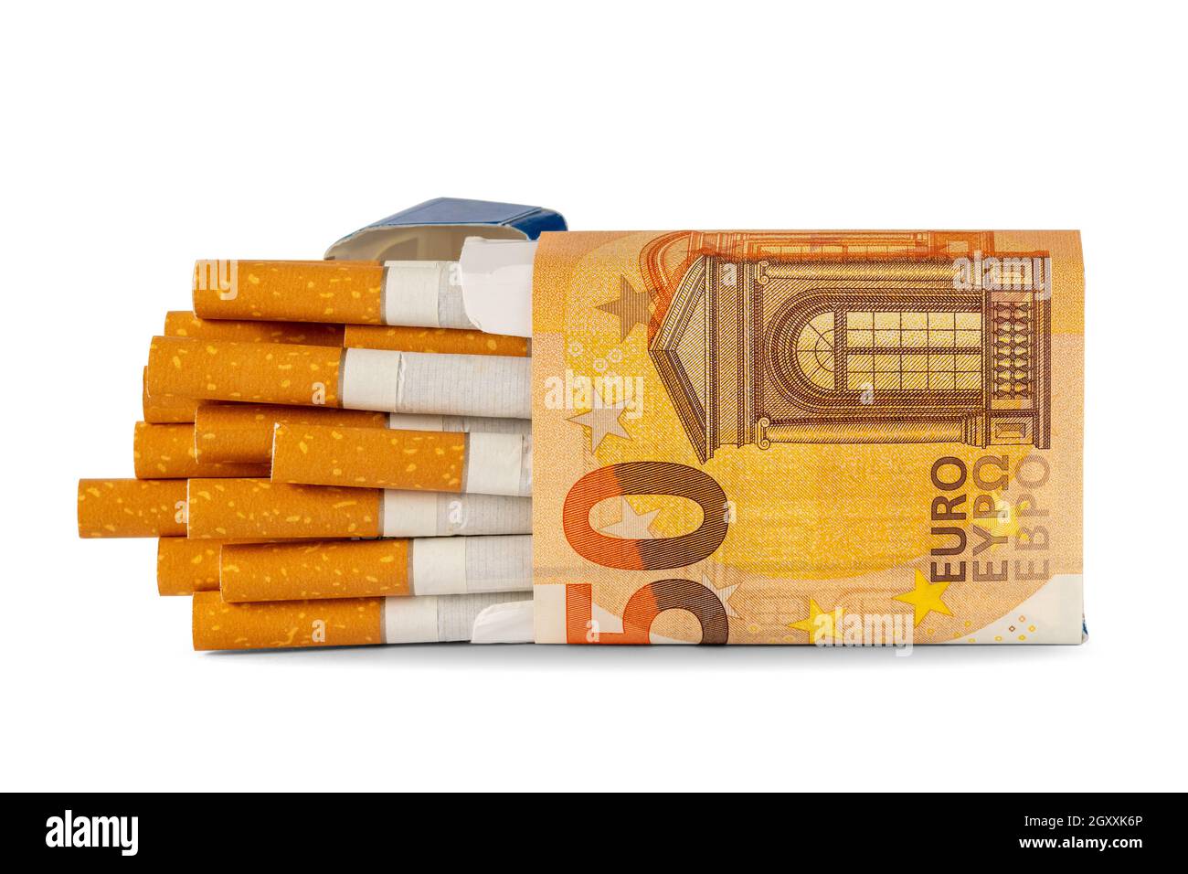 Package of cigarette wrapped in a 50 Euro banknote. Smoking- expensive  habit Stock Photo