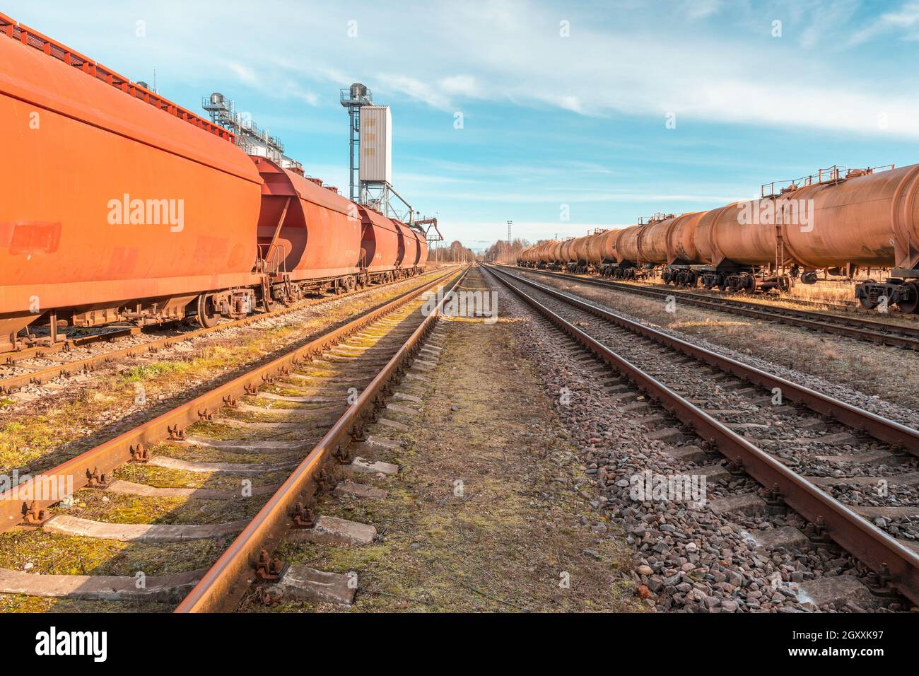 Railway Station with Freight Trains. Transportation of grain and oil or gas. Stock Photo