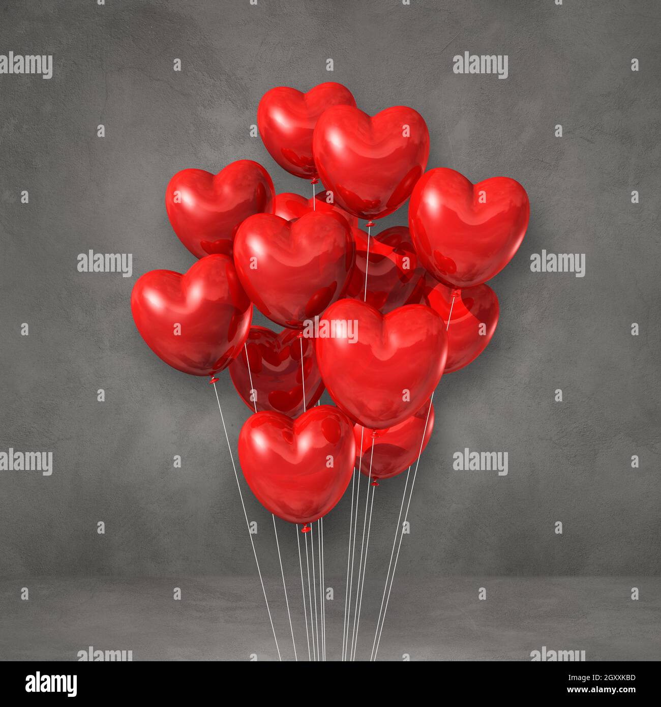 Red heart shape balloons bunch on a grey wall background. 3D ...
