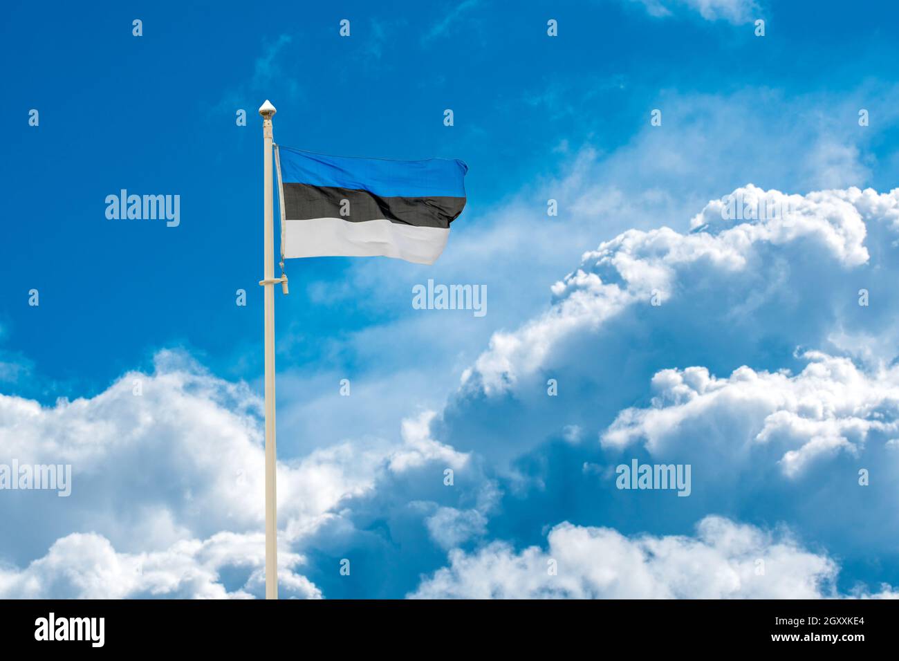 Estonian national flag waving on wind against blue cloudy sky Stock ...