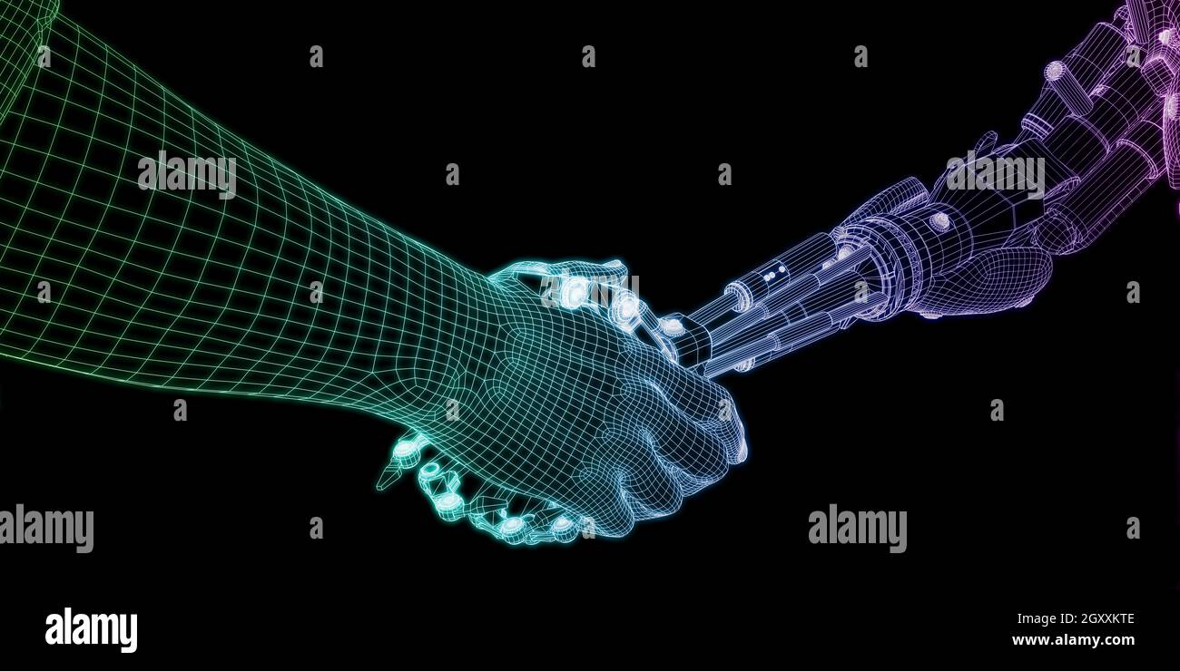 People and Machines Coexisting with Artificial Intelligence Virtual Entity Stock Photo