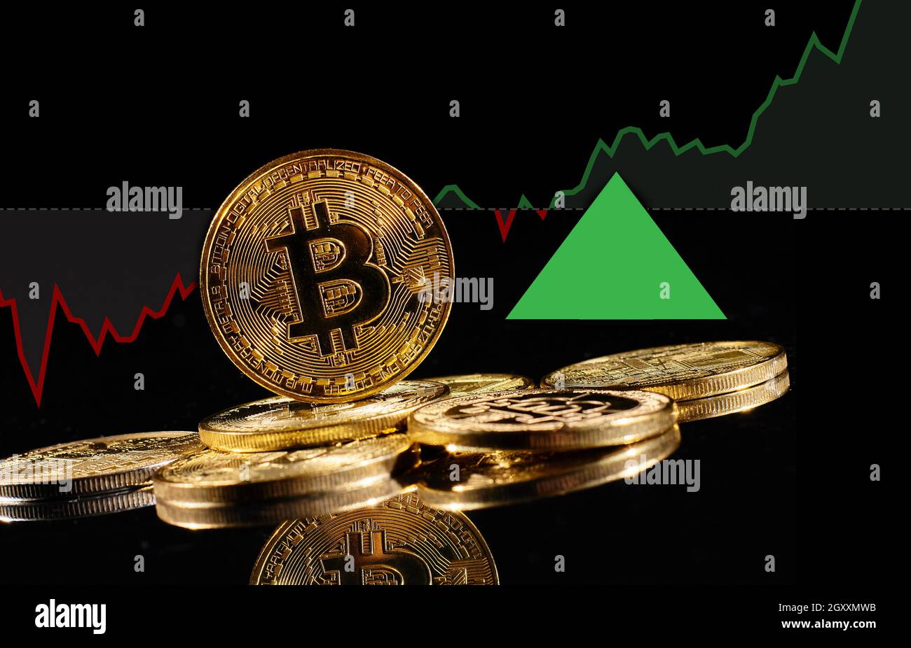 Leader cryptocurrency Bitcoin BTC go up in trading. Golden coins with  bitcoin logo rise in bull market. Price of decentralized digital currency is  gro Stock Photo - Alamy
