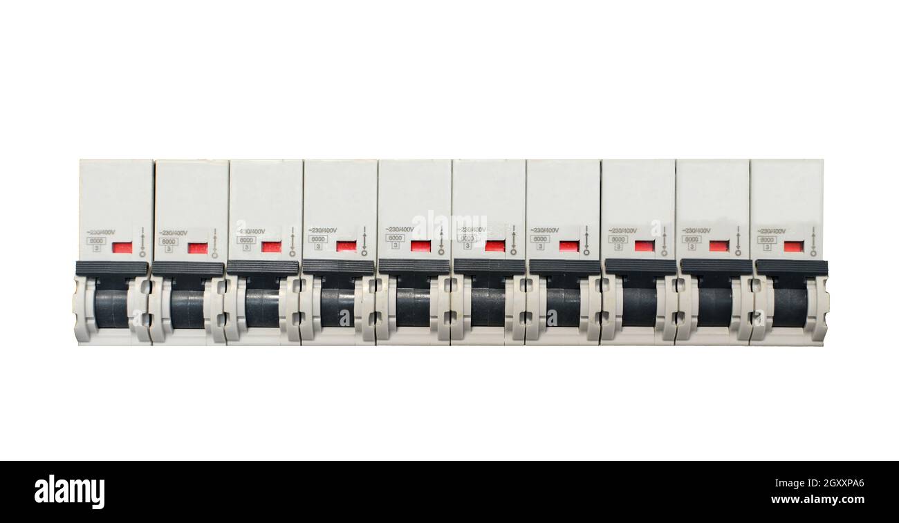 Line of circuit breakers isolated on white background. Stock Photo
