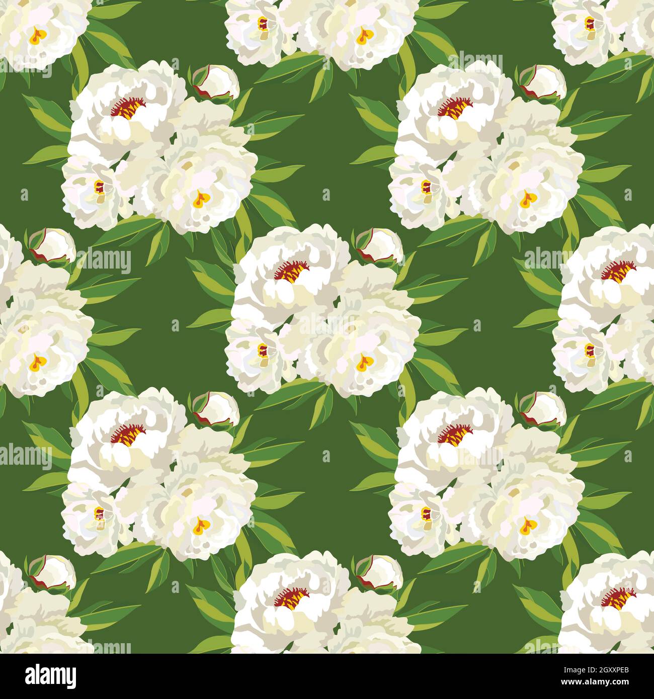 Seamless floral pattern with white peonies and decorative herbs on ...