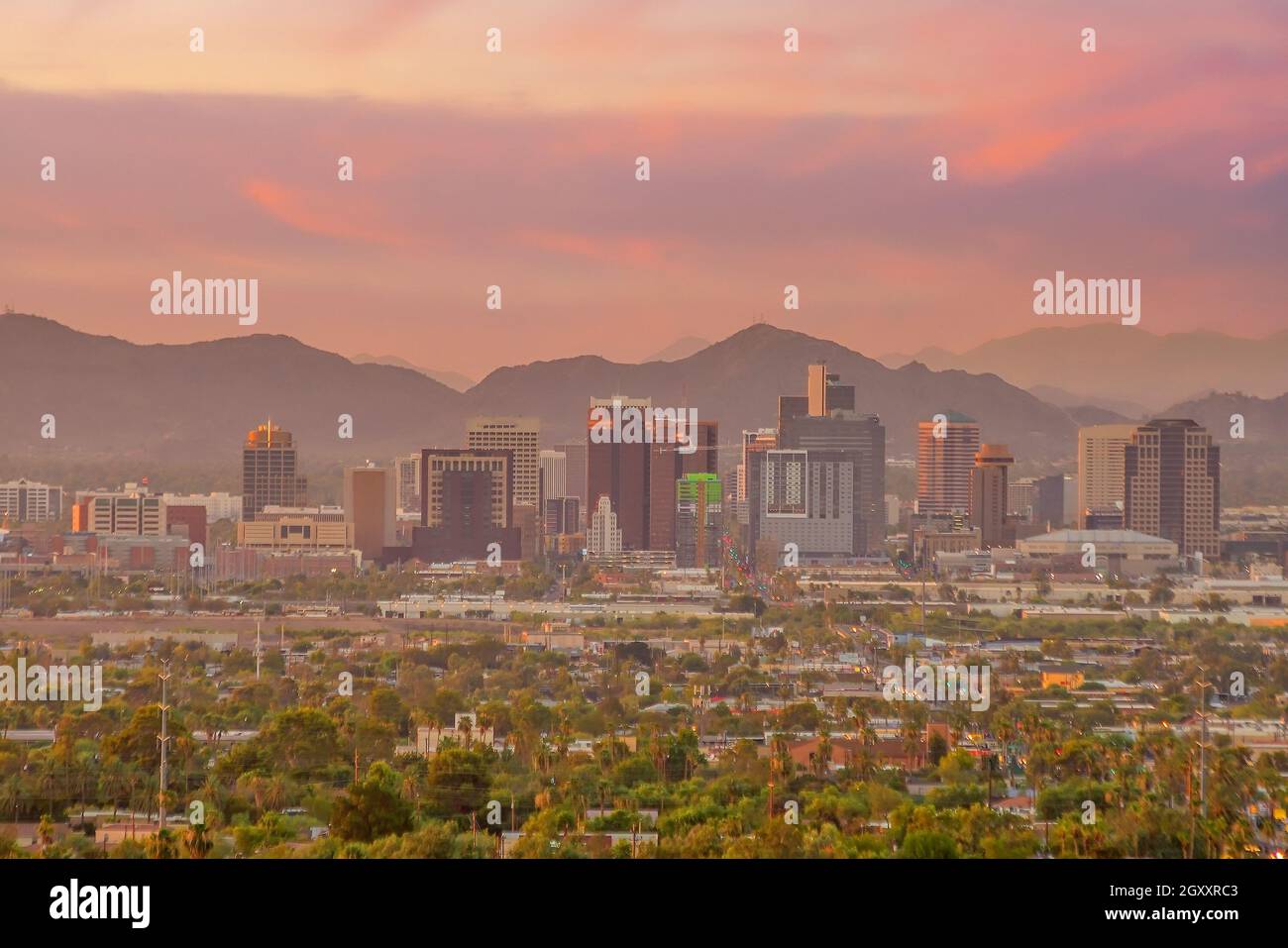 Phoenix city downtown skyline cityscape of Arizona in USA at sunset Stock Photo