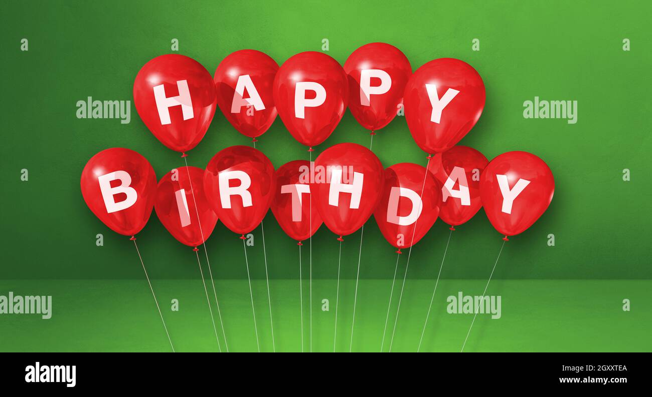Red happy birthday air balloons on a green background scene. Horizontal ...