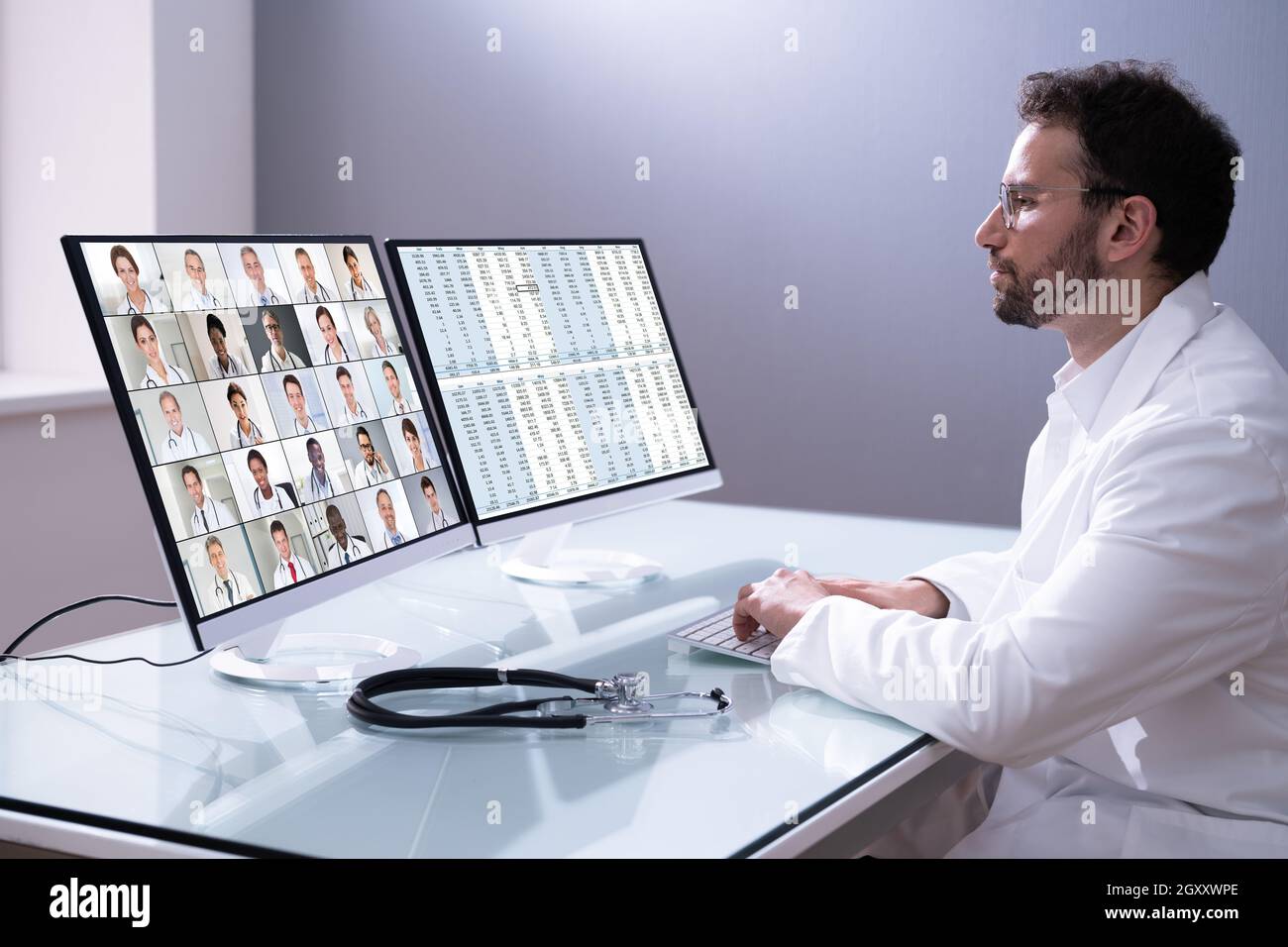 Medical Doctor Video Conference Technology And Online Elearning Stock