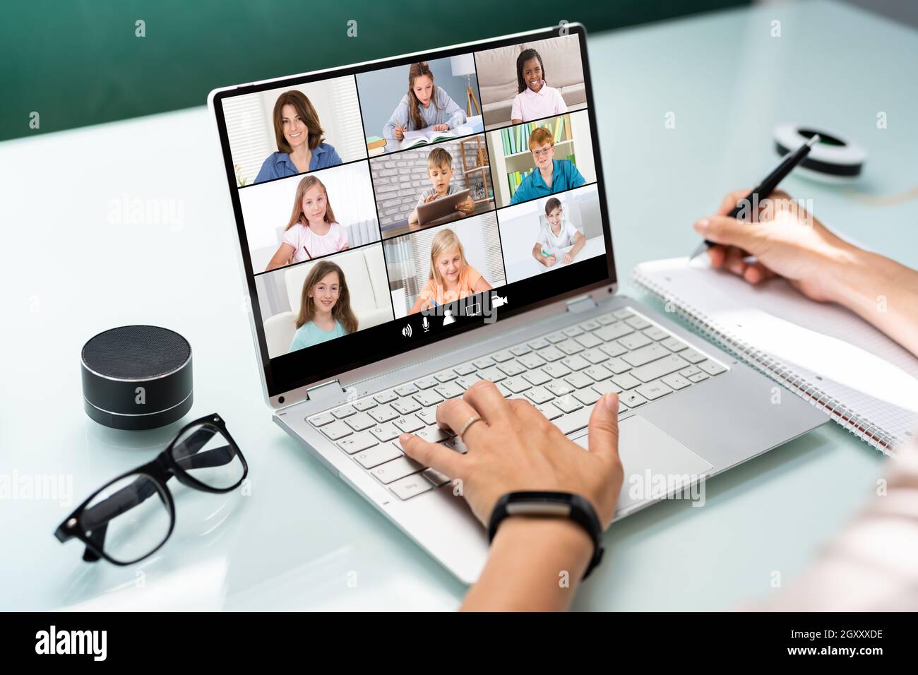 Teacher Online Meeting With Children. Teaching Class Stock Photo