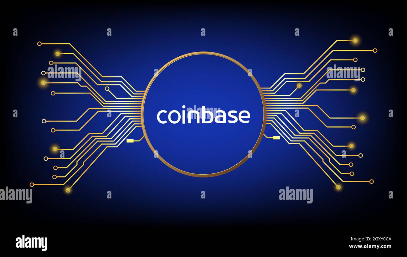 Coinbase cryptocurrency stock market symbol in gold circle with pcb tracks  on digital blue background. Design element in techno style for website or b  Stock Photo - Alamy