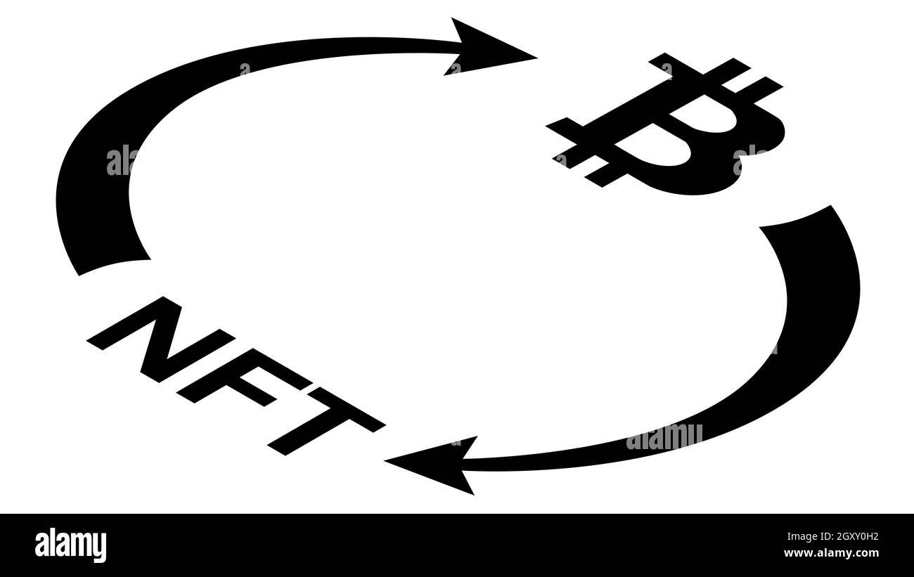 NFT and Bitcoin BTC circulation isometric concept with symbols and cyclical arrows in monochrome silhouette isolated on white. Rotation of non fungibl Stock Photo
