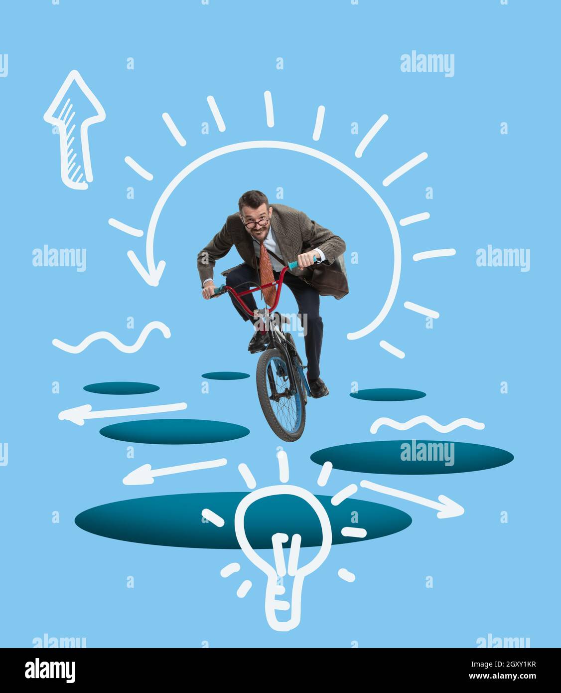 Contemporary art collage. Business concept. Composition with young man riding on bike and generate new business ideas. Stock Photo