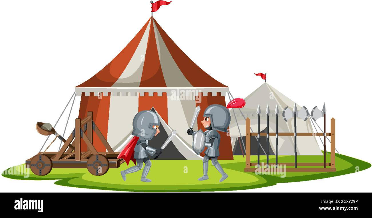 Military medieval camp with two warriors fighting illustration Stock ...