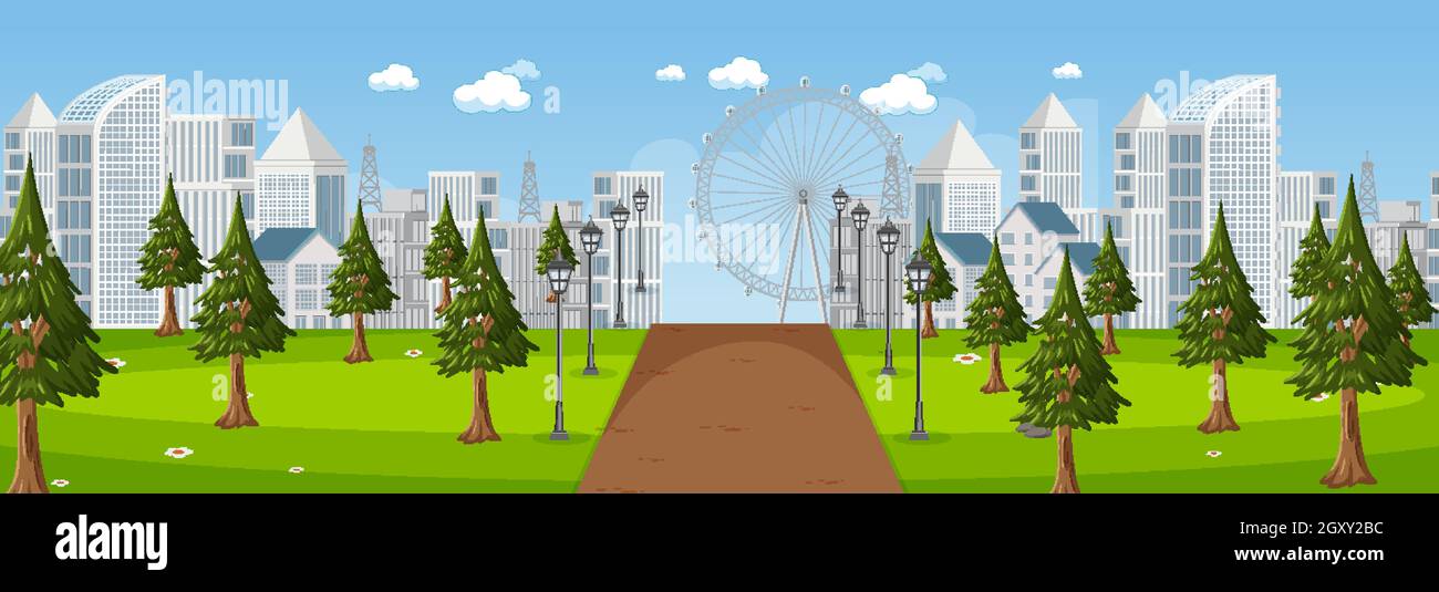 Horizontal scene with long road through the park into the town at day ...