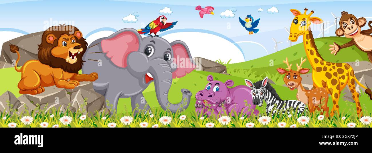 Panorama landscape with various wild animals in the forest illustration ...