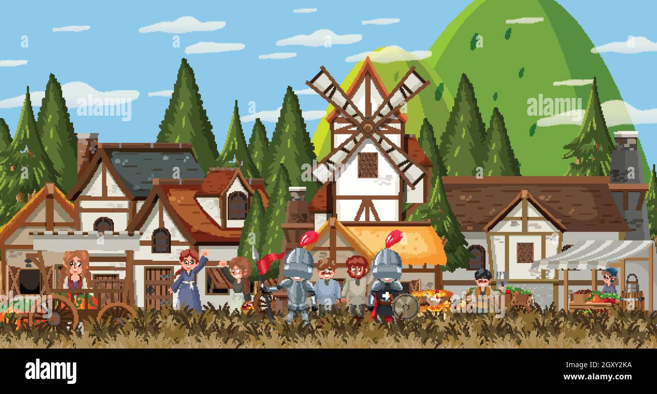 Medieval town scene with villagers illustration Stock Vector Image ...
