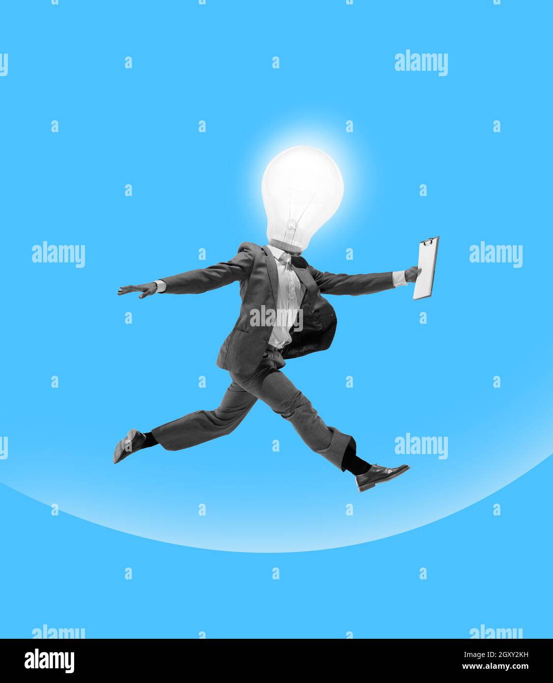 Contemporary art collage. Business concept. Composition with young manager, leader jumping, flying isolated on abstract background Stock Photo