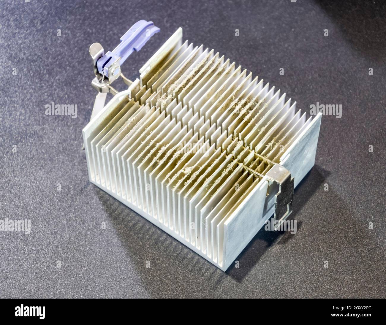 Dirty dusty radiator computer processor. Details of the computer's system unit. Stock Photo