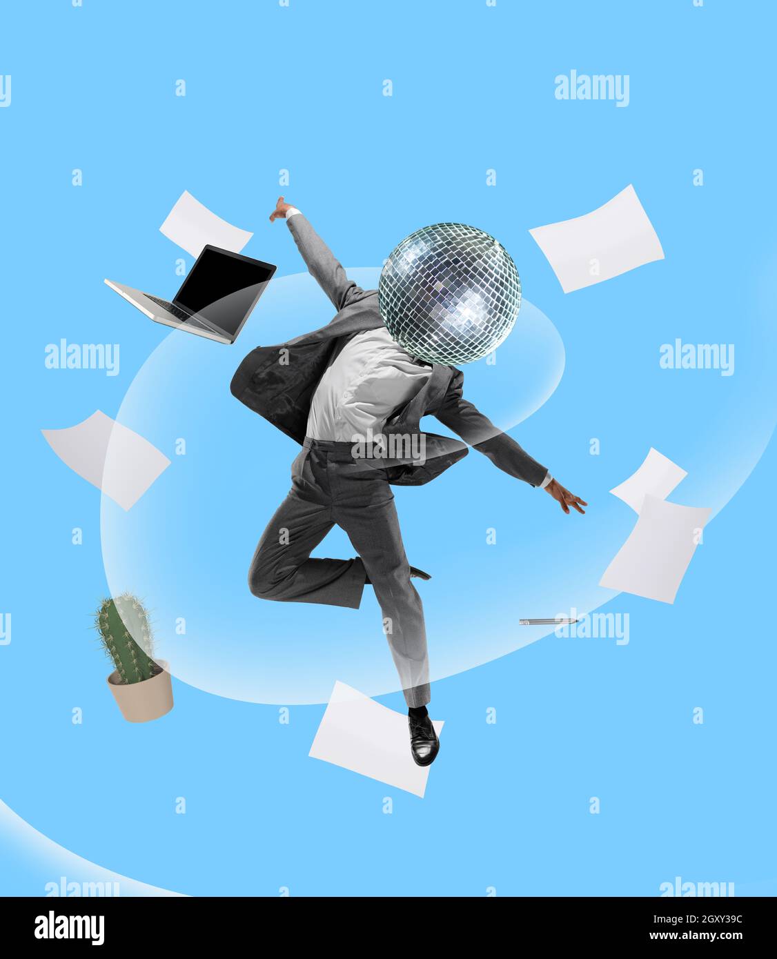 Contemporary art collage. Business concept. Composition with young manager, leader jumping, flying isolated on abstract background Stock Photo