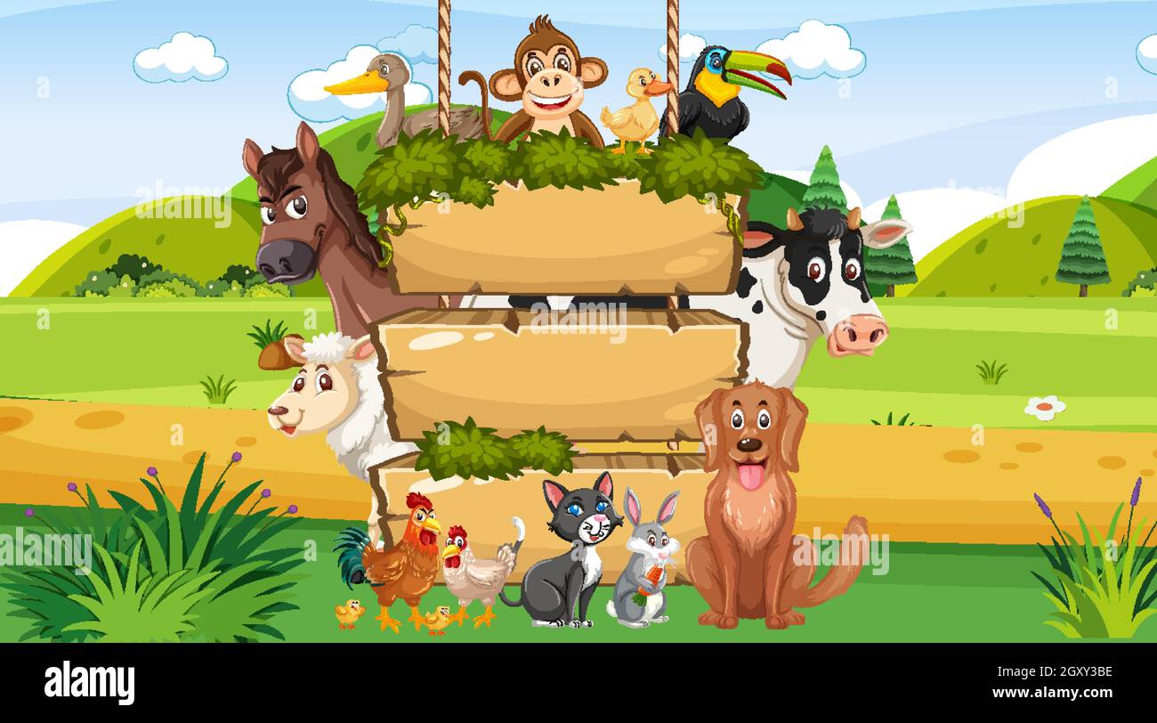 Empty wooden hanging board with various wild animals in the forest ...