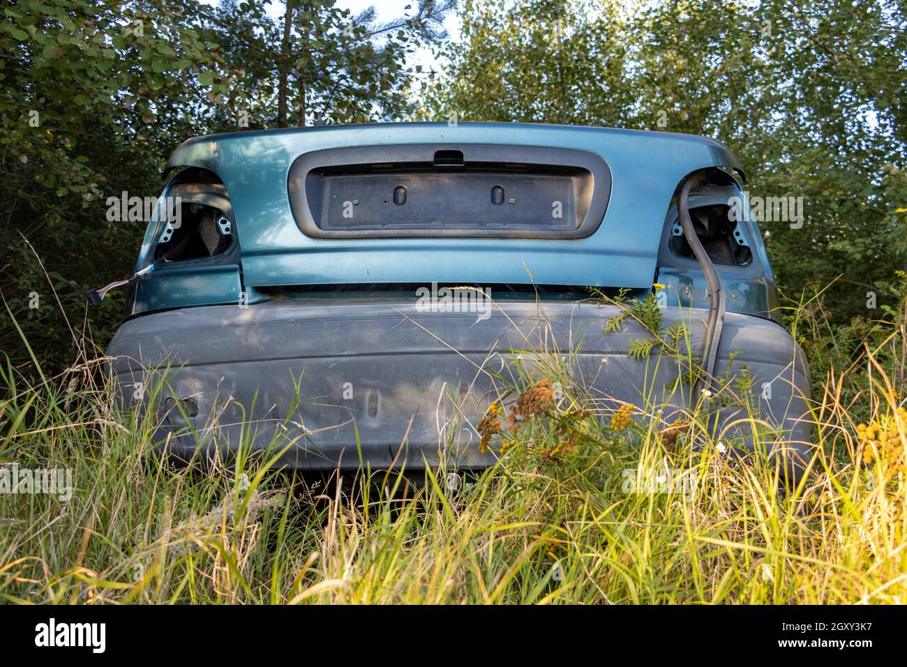 The back of a damaged car parked in nature Stock Photo