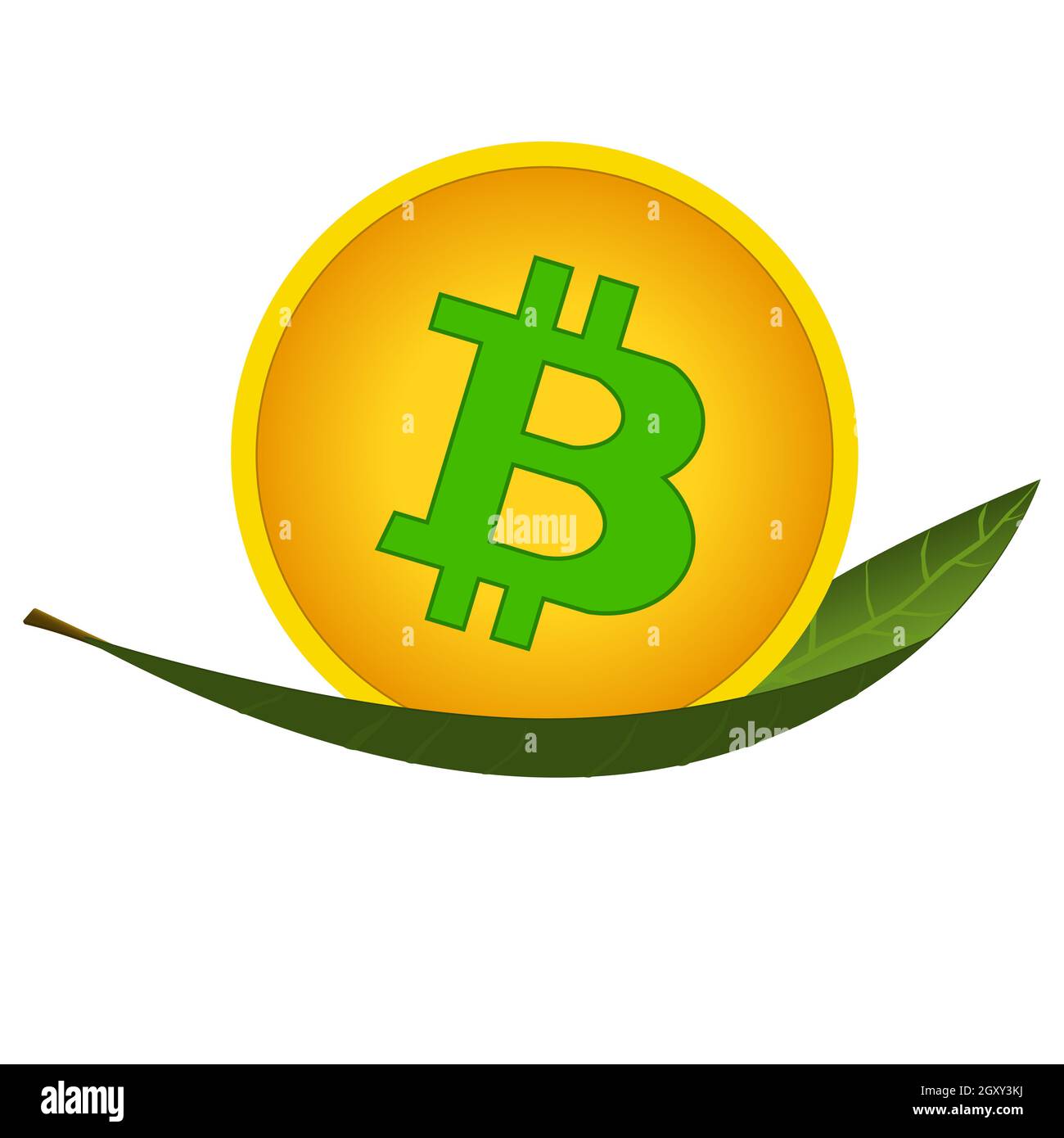 Bitcoin coin on green leaf isolated on white. Concept of mining cryptocurrencies using green renewable energy to protect environment. Stock Vector