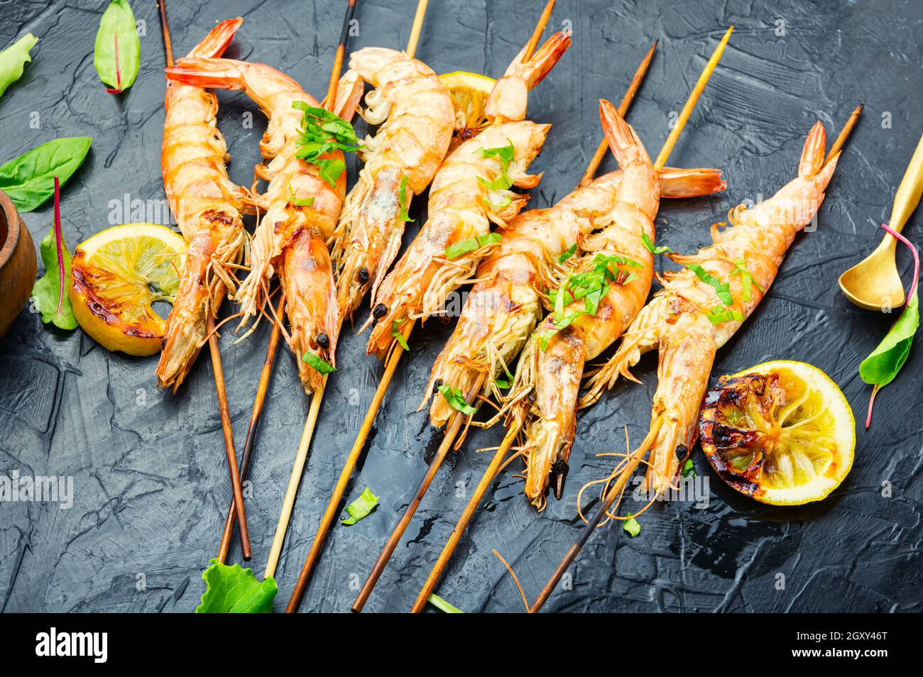 Grilled langoustines,prawn roasted on a skewer.Barbecue prawns Stock