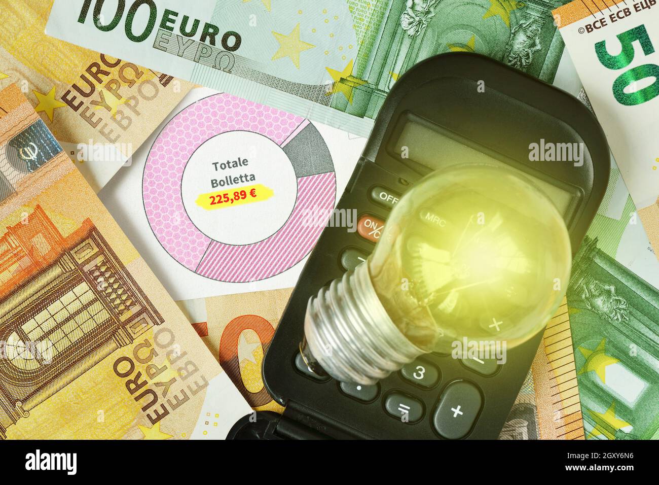 Electric light bulb and calculator on money and electricity bill