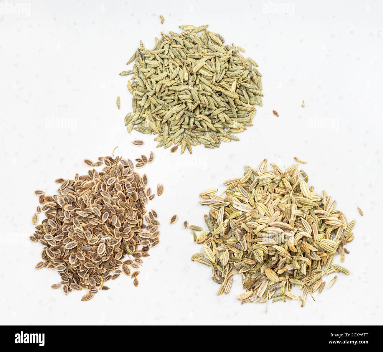 three piles of anise, dill and fennel seeds on gray ceramic plate Stock Photo