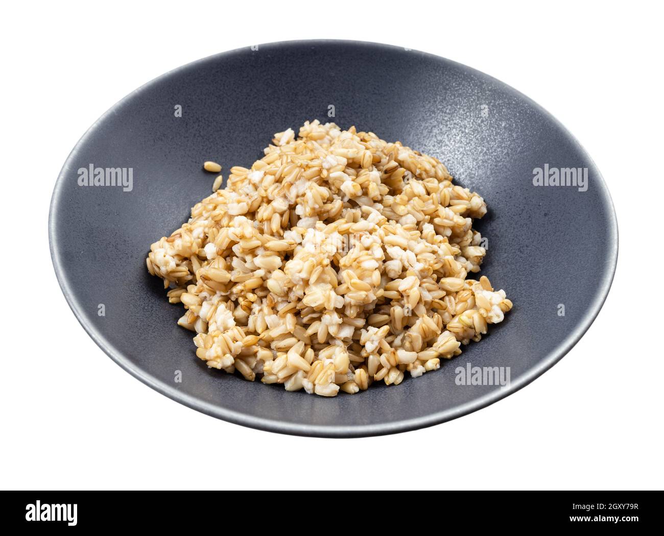 cooked porridge from wholegrain oat in gray bowl isolated on white