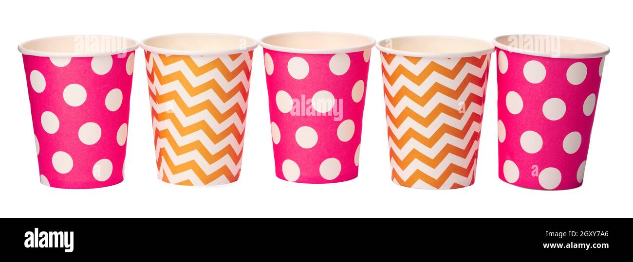 Paper disposable cups with colored pattern isolated on white background Stock Photo