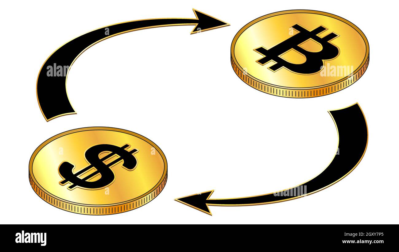 Dollars USD and Bitcoin BTC circulation isometric concept with black  symbols on gold coins and cyclical arrows isolated on white. Rotation of  digital Stock Vector Image & Art - Alamy