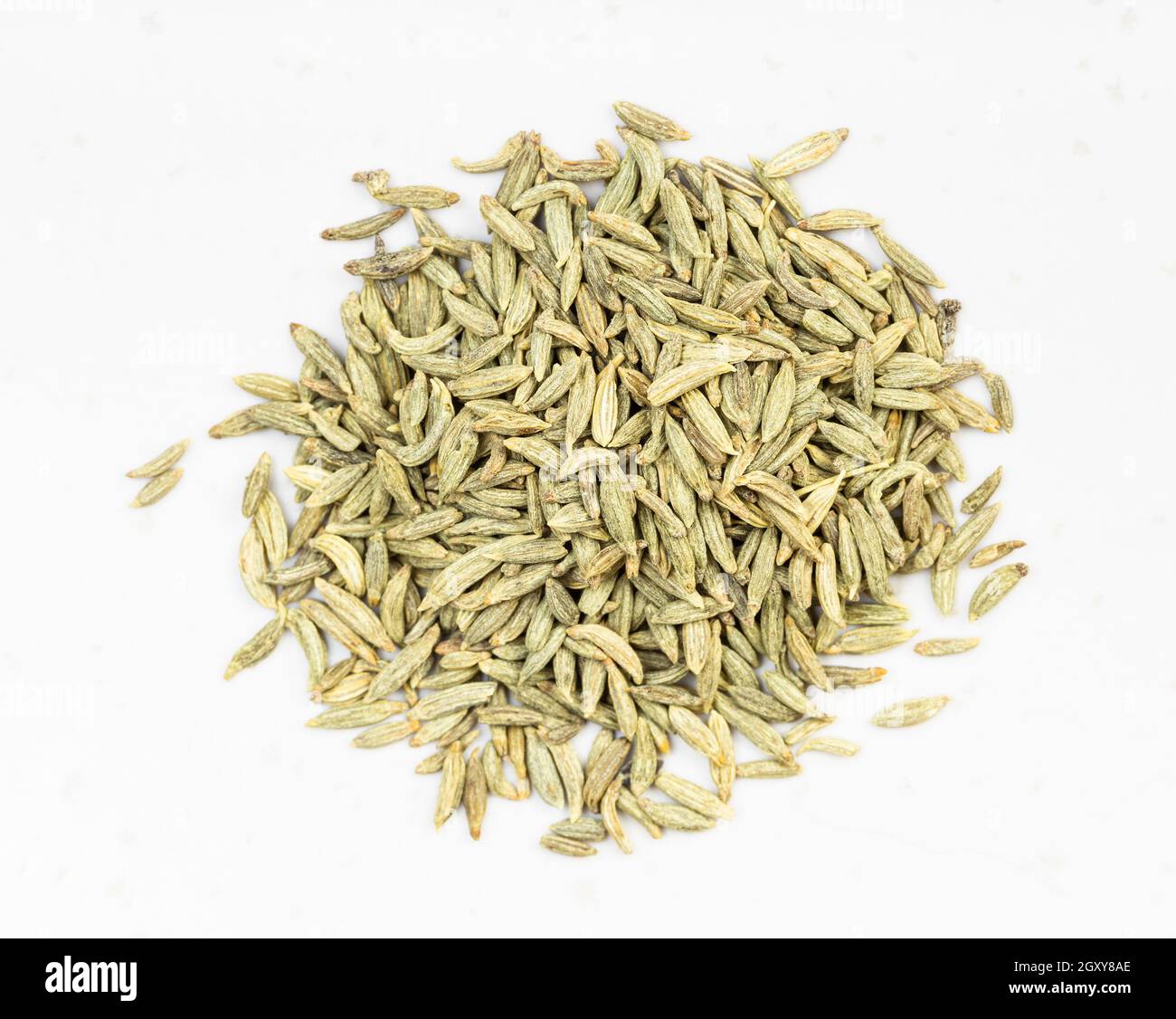 top view of pile of anise seeds close up on gray ceramic plate Stock Photo