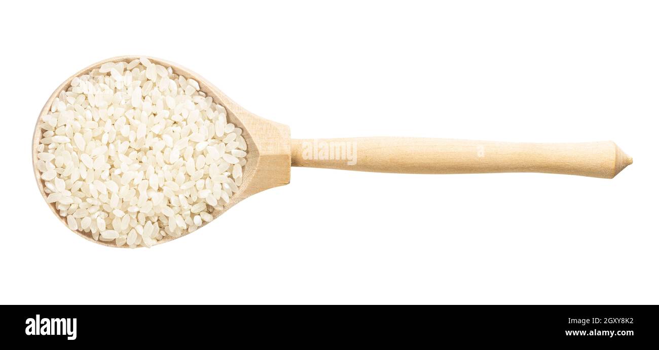 Texture Rice Spoon top view of wood spoon with polished medium-grain rice isolated on ...